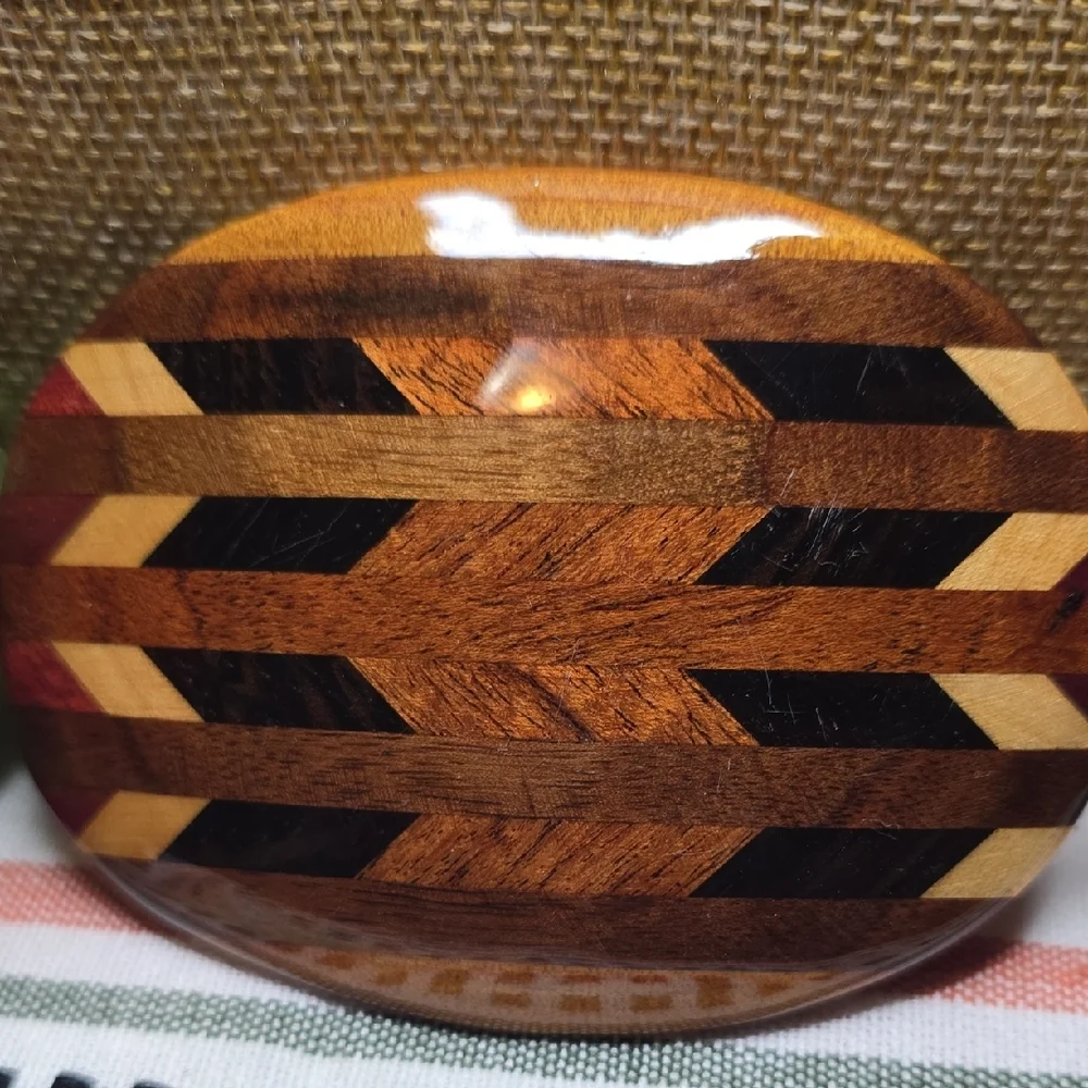 Vintage Handcrafted Wood Inlay Belt Buckle - Brown, Black, And Cream